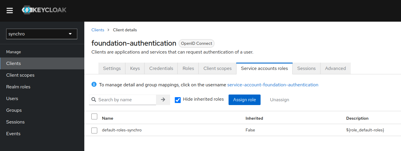 Keycloak service account role page